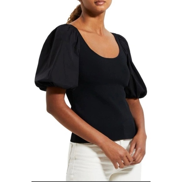 THEORY GLOSSE PUFF SHORT SLEEVE TOP RIBBED STRETCH KNIT SCOOP NECK Size Small - Picture 3 of 11